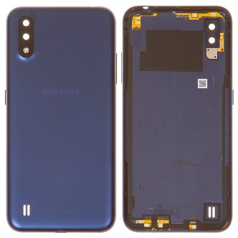 Задня панель корпуса для Samsung A015 Galaxy A01, синя, із склом камери, з боковою кнопкою