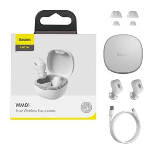 Гарнітура Baseus WM01, вакуумна, бездротова, біла, із зарядним кейсом, з USB кабелем тип C, #NGTW370002 NGTW240002 NGWM01 02