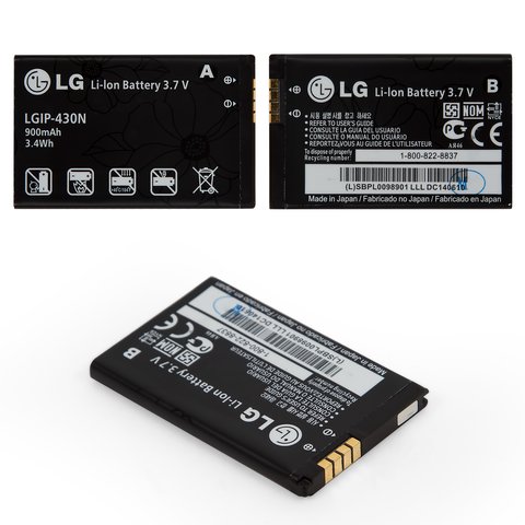 Batería LGIP 430N puede usarse con LG GW300, Li ion, 3.7 V, 900 mAh