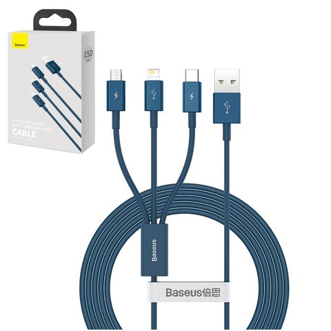 USB Cable Baseus Superior, USB type A, USB type C, micro USB type B, Lightning, 150 cm, 3.5 A, dark blue, silicone, 3 in 1  #CAMLTYS 03