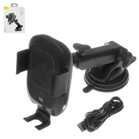 Sujetador para coche Baseus BSWC C02, negro, ventosa de succión, sujetador automático, corredizo, con cargador inalámbrico, con cable micro USB Tipo B, 10 W, 2 A, #WXZN B01