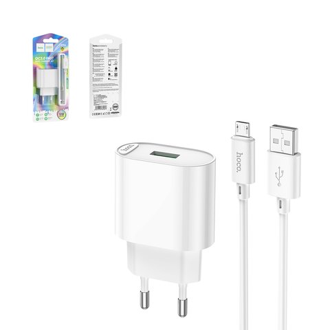 Adaptador de red Hoco C109A, 18 W, Quick Charge, blanco, con cable micro USB Tipo B, 1 puerto, #6931474784827