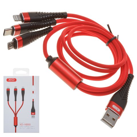 Універсальний USB кабель XO NB50, для зарядки телефону, в нейлоновому обплетенні, 3 в 1, червоний, USB тип C, micro USB тип B, Lightning, 2,4 А