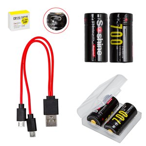 Акумулятор CR123 Soshine CR123 16340, 3,7 В, 700 мАг, Li ion, 2 шт., з захистом, в боксі, з кабелем, заряджається від micro USB Type B