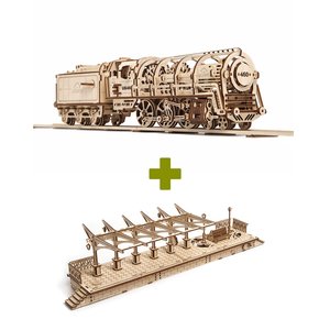 Rompecabezas mecánico 3D UGEARS juego 2 en 1: Locomotora + Andén